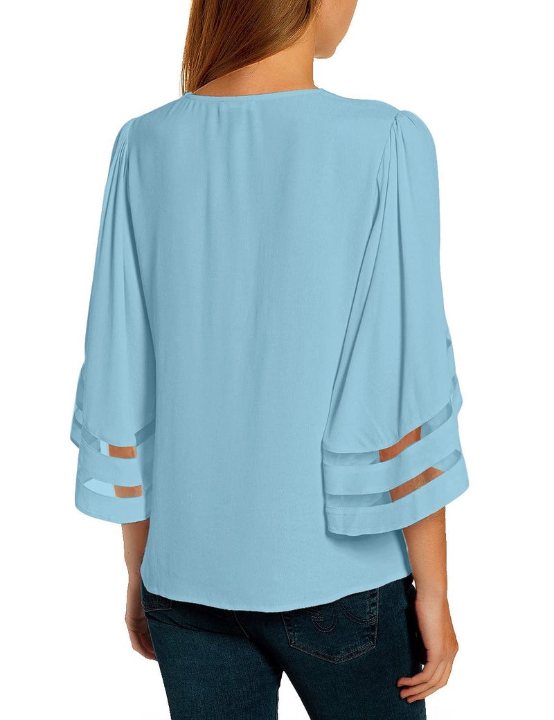 LookbookStore Women's Summer V-Neck 3/4 Sleeve Dressy Casual Plus Size XXL Light Blue Blouse - Image 2